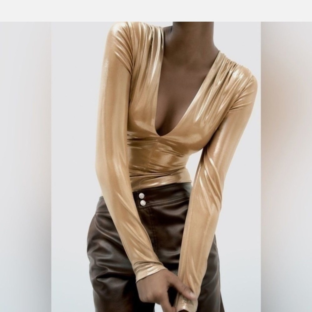Zara Metallic Gold Long-Sleeve Deep V Metallic Top - Women